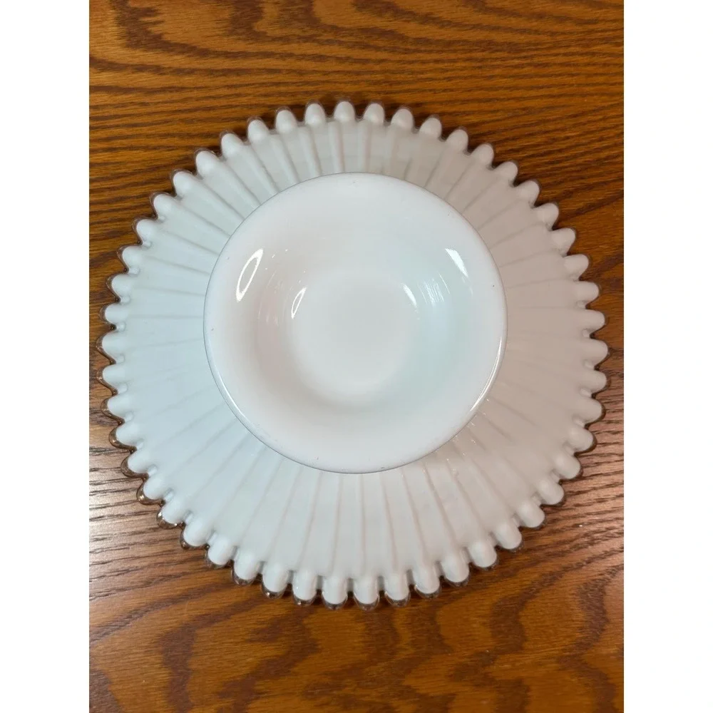 Vintage  Fenton Silver Crest Milk Glass Bowl with Ruffled Clear Edge 5823 SC 11